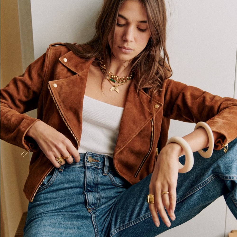 NWT Sezane Zig suede jacket, camel, size 8